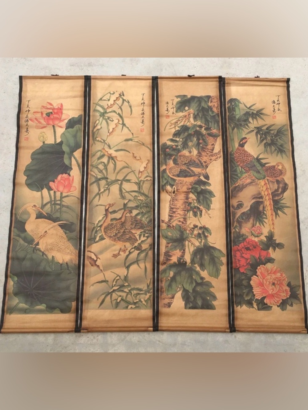 Hand-Painted Asian Floral & Bird Wall Panels in Tan and Green